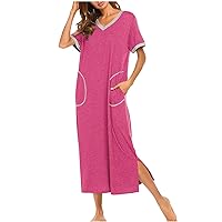 Lounge Nightdress Womens Long Sleeve Fashion Color Block Side Split Maxi Nightgown with Pockets Comfy Kaftan Dress