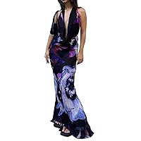 Women Y2K V Neck Maxi Dresses Hollow Out Backless Satin Dress Split Floral Evening Party Dresses Sexy Clubwear