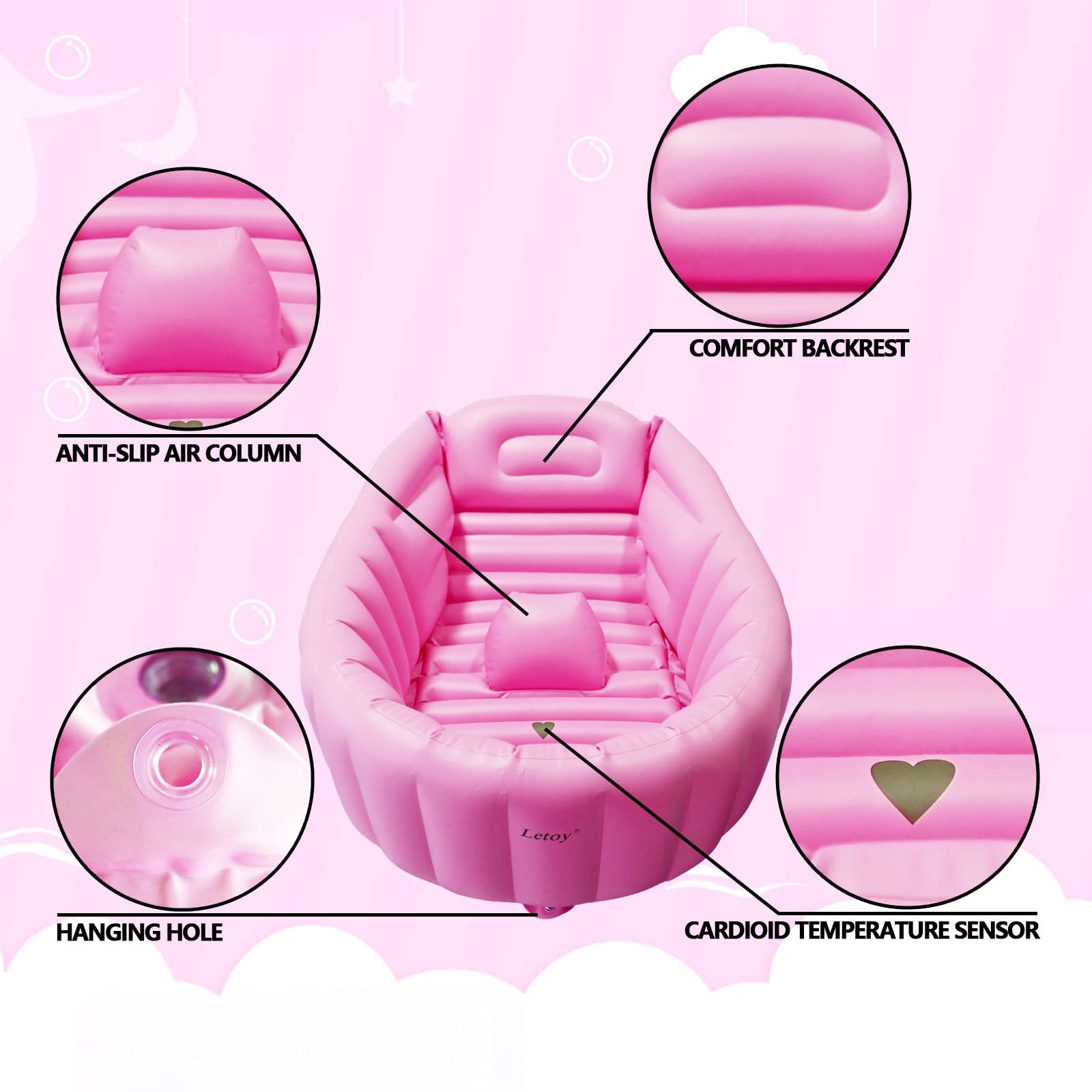 Inflatable Tub, Portable Tub, Non-Slip Tub, Tub Seat, Built-in Air Pump Foldable Shower Tray Travel Tub (Pink)