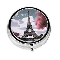 Eiffel Tower Print Pill Box Round Pill Case 3 Compartment Portable Pill Organizer Mini Metal Pill Container for Vitamins Medication Supplements Purse Pocket Travel