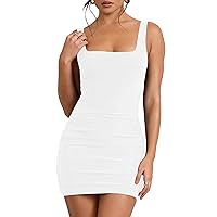 Mokoru Women's Sexy Ruched Bodycon Tank Dress Square Neck Sleeveless Short Mini Club Party Dresses, Medium, White