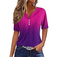 Womens Spring Tops T Shirt Tee Print Button Short Sleeve Daily Weekend Fashion Basic V- Neck Regular Top