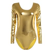 ACSUSS Womens Shiny Leather Long Sleeve Gymnastic Dance Leotard Bodysuit Leotard Tops Clubwear