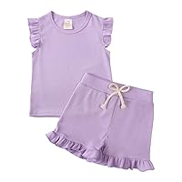 Toddler Baby Girls Summer Outfits Ribbed Knit Ruffle Short Sleeves and Short Pants 2Pcs Clothes Set