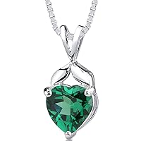 PEORA 925 Sterling Silver 3 Carats Simulated Emerald Pendant Necklace for Women, Heart Shape 9mm, Italian 18 inch Chain