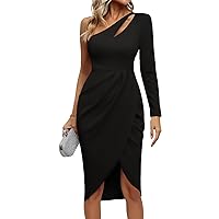 Women's One Shoulder Long Sleeve Sexy Cocktail Wedding Maxi Long Dress Bodycon Dress Party Dress with Slit