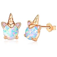 Unicorn Earrings for Girls, Hypoallergenic S925 Sterling Silver Earrings for Kids ARSKRO Small Tiny Cute Fire Opal Stud Earrings Jewelry Gifts for Sensitive Ears Little Toddlers Teen Girl