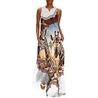 Giraffe 3D Indoor Wall Women's Summer Sleeveless Long Dress V-Neck Ankle Maxi Dresses with Pockets