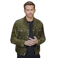 LP-FACON Mens Red Notice Ryan Reynlds Green Trucker Suede Leather Jacket For Nolan Booth