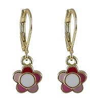 Gold Finish Pink Enamel Flower Dangle Earrings