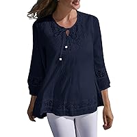Women 3/4 Sleeve Lace Hollow Plus Size Tops Blouse Flowy Round Collar Solid Color Shirt Summer Oversize T-Shirt Tops