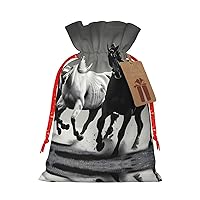 MQGMZ Black And White Horses Running Print Christmas Drawstrings Bags For Xmas Party Favors Christmas Supplies Gift Bags