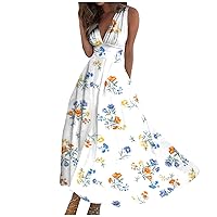 Womens Summer Maxi Dress Deep V Neck Sleeveless Floral Printed High Waist Beach Flowy Trendy Cruise Wear 2024