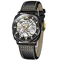 OLEVS Men's Skeleton Watches, Small Wrist Classic Diamond Dial Automatic Self Winding Watches, Retro Comfort Waterproof Tonneau Watch for Men with Black Leather Strap