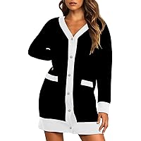 Pink Queen 2023 Fall Long Cardigan for Women Long Sleeve Open Front Button V Neck Houndstooth Cardigans Sweaters Dress