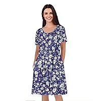 Women's Short Sleeve Empire Knee Length Dress with Pockets Purples Floral
