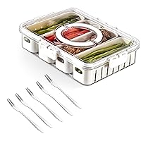 Divided Serving Tray with Lid and Handle,Snackle Box,Portable Snack Box Container,Clear Snack Tray with 4 Compartments & 5 Forks,Food Storage Containers, Keep Your Candy, Chips,Fruit Fresh.