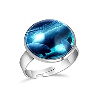 Manatee Sea Cow Blue Adjustable Rings for Women Girls, Stainless Steel Open Finger Rings Jewelry Gifts