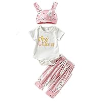 Infant Boys Girls Short Sleeve Easter Letter Cartoon Bunny Prints Romper Bodysuit Pants With Hat Outfits