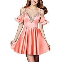 VeraQueen Women's Spaghetti Straps Beads Homecoming Dresses Short Backless Cocktails Prom Dress Peach