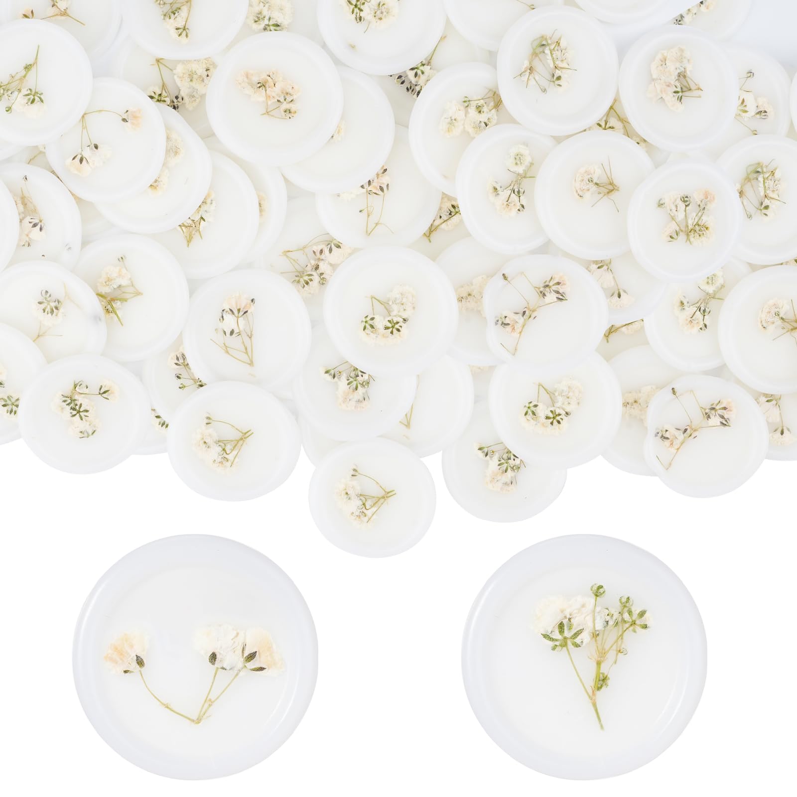 Qilery 100 Pcs Adhesive Wax Seal Stickers White Dry Floral Wax Seal Sticks Backing Envelope Seals Wedding Wax Seal for Wedding Invitations Bridal Shower Party Letter Envelope (Baby's Breath)