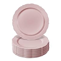 SILVER SPOONS Vintage Design Disposable Salad Plates For Party (10 Pc) Heavy Duty Disposable Dinner Set 9” , Fine Dining Plastic Dishes For Elegant China Look, Great for Celebrations & Events - Blush