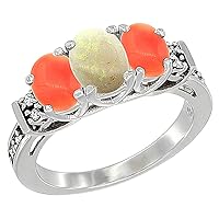10K White Gold Natural Opal & Coral Ring 3-Stone Oval Diamond Accent, sizes 5-10