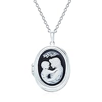 Personalize Vintage Victorian Style Black Blue White Carved Mother and Child Loving Cameo Photo Locket Pendant Son Daughter Necklace For Women .925 Sterling Silver Women Hold Picture Custom Engraved