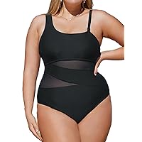 CUPSHE Women's Large Sizes Swimsuit One Shoulder Sheer Mesh Decorative Cutouts Abdominal Control Asymmetrical One-Piece Curvy Swimwear Plus Size Swimsuit