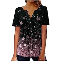 Womens Tunic Tops Hide Belly 2024 Summer Short Sleeve T Shirts Cute Loose Fit Flowy Henley Tshirt Casual Dressy Blouses