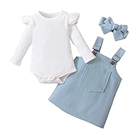 Kupretty Newborn Baby Girl Fall Clothes Ruffle Long Sleeve Ribbed Romper Suspender Skirts Headband Infant Winter Outfit