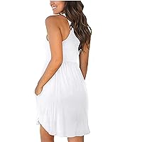 Women's Bohemian Casual Loose-Fitting Summer Swing Print Beach Flowy Round Neck Glamorous Dress Sleeveless Knee Length White