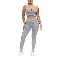 Women's Workout Outfit Set Active 2 Pieces Camo Seamless Yoga Leggings with Paded Sports Bra Racer Back Light Gray