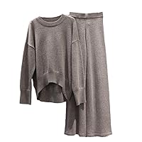 Asymmetry 2 Pieces 45% Cashmere + 30% Wool Sweater Suits Female Warm Mink Cashmere Knit Tops + Wide Leg Pant Sets