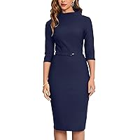 MUXXN Midi Pencil Dresses for Women Classy Elegant 50s Prom Bodycon Wedding Guest Party Work Dress with Belt Navy Blue M
