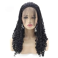 Synthetic Front Wigs African Black Long 3X Braided Wig Curly and Baby Hair Heat Resistant Black Without Glue,16 inches