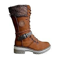 Women Buckle Lace Knitted Mid-Calf Boots Low Heel Round Toe Boots, Buckle Decor Lace Up Design Side Zipper Combat Boots, Arch Support Winter Outdoor Warm Middle Tube Boots Shoes