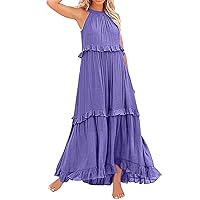 Women Summer Boho Long Solid Color Loose Sleeveless Neck Ruffle Maxi Beach Dress Summer Knee Length Dresses for