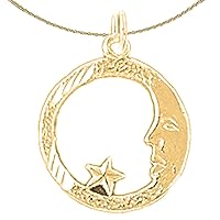 14K Yellow Gold Moon With Star Pendant with 18