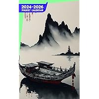 Pocket Calendar 2024 - 2026 With Moon Phase: Three-Year Monthly Planner for Purse , 36 Months from January 2024 to December 2026 | Chinese ink painting scroll | Ninh Binh town | Boat | Kingdom