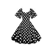EFOFEI Women's Summer Polka Dot Swing Dress Puffy Short Sleeve 1950s Flared Dress V Neck Aline Cocktail Dress