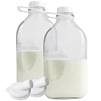 Heavy Glass Milk Bottles - Jugs with Lids and Silicone Pour Spouts - Clear Milk Containers for Fridge - Reusable Glass Milk Jug Dispenser - Made in USA (64 oz, 2 Pack)