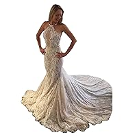 Beach Sequins Halter Bridal Ball Gowns Train lace Backless Mermaid Wedding Dresses for Bride Long