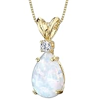 PEORA 14K Yellow Gold Created White Opal with Genuine Diamond Pendant for Women, Elegant Teardrop Solitaire, 1 Carat Pear Shape, 10x7mm