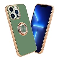 Case Compatible with Apple iPhone 13 PRO in Glossy Light Green - Gold with Ring - Protective Cover Made of Flexible TPU Silicone, with Camera Protection and Magnetic car Holder