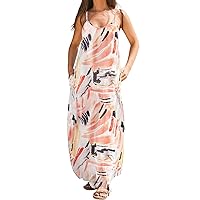 Women's Summer Maxi Dress Sleeveless Bohemian Spaghetti Strap Long Dress Casual Loose V-Neck Floral Dresses with Pockets