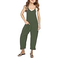Girl's V Neck Sleeveless Jumpsuits Spaghetti Straps Harem Long Pants Rompers With Pockets