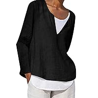 Women's Button Keyhole Neck Cotton Linen Peasant Tops Long Sleeve Dressy Casual Loose Fit T Shirts Plain Blouses