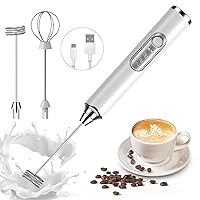 Rechargeable Milk Frother Handheld, White, Electric Whisk Coffee Frother Mixer with 2 Replaceable Stainless whisks, 3 Speeds, Electric Foam Maker for Coffee Matcha Latte Cappuccino Hot Chocolate
