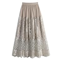 Embroidery Hollow Out Long Skirt for Women Spring Summer Vintage Elegant A Line High Waist Midi Skirt Female Khaki